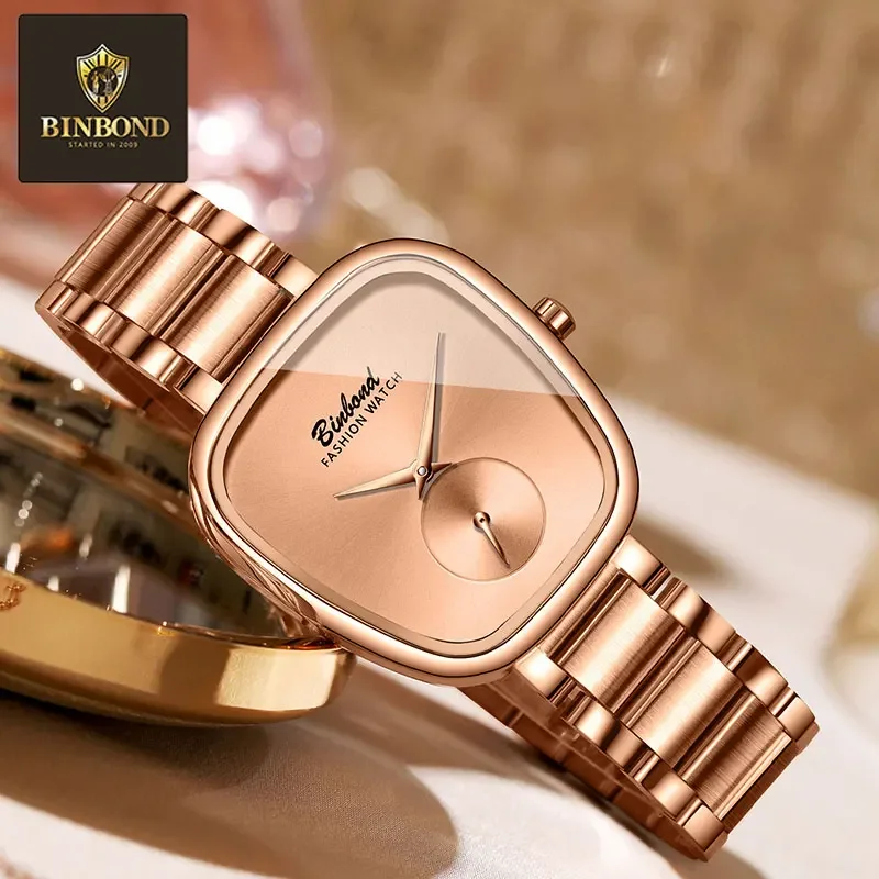 ساعة BINBOND الفاخرة للنساء مقاومة للماء من الفولاذ المقاوم للصدأ للنساء، ساعة كوارتز بسيطة عالية الجودة للنساء #2