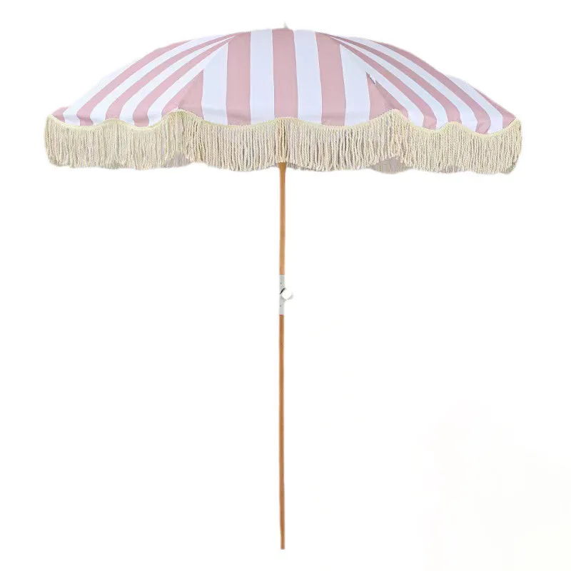 

2m Diameter Boho Portable UV50+ Beach Sun Umbrella with Wooden Pole, White Tassels, for Beach Outdoor Picnic Garden and Pool Use