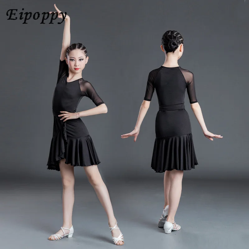 Children Latin Dance Practice Clothes Examination Dress One-Pieces Short Sleeve Girls Competition Dress