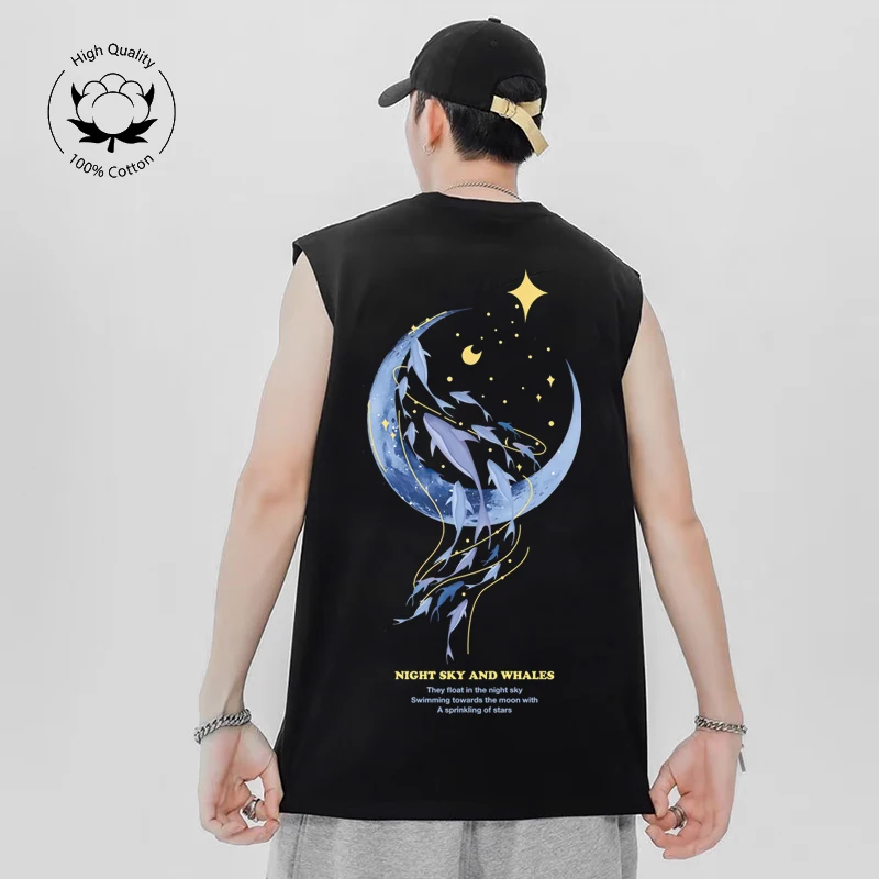 Men Tank Top Moon Whale Graphic Sleeveless T Shirts Pure Cotton Crew Neck Men's Vest Top Summer Sport Clothes Men Gym