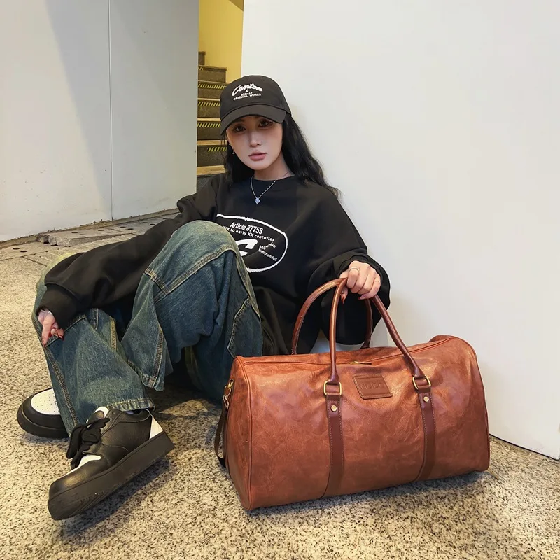 Women's Gym Fitness Bags Man Shoe Pocket PU Leather Vintage Travel Duffle Shoulder Outdoors Sports Large Capacity Bag Handbag