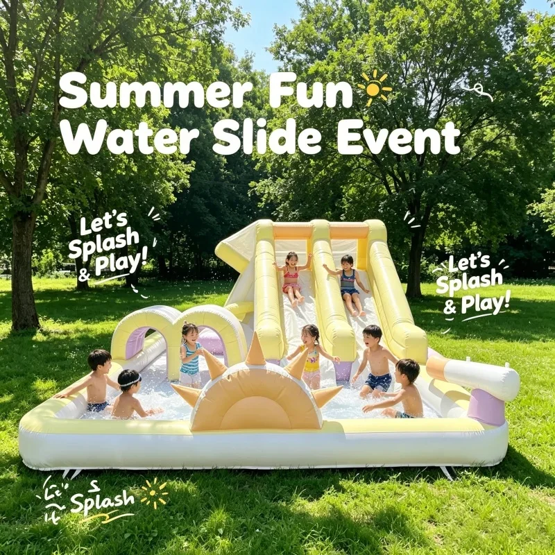 Pastel Pink White Inflatable Obstacle Course Water Slide Bounce House, Durable Kids Bouncy Castle for Summer Party Event Hire