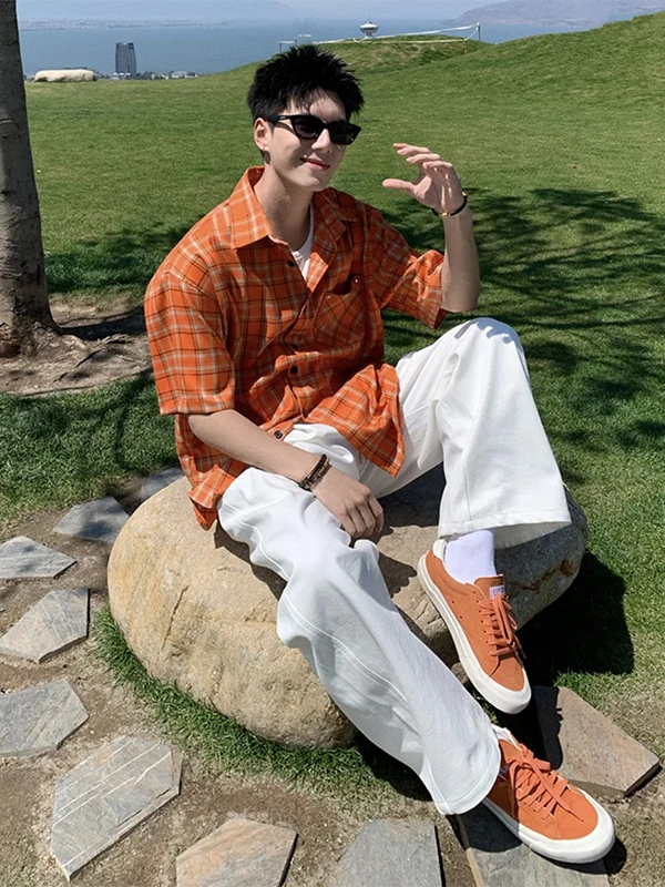Orange Short Sleeve Men's Casual Shirt Lightweight Summer Sun Protection Jacket American Style Breathable Loose Fit Teenager