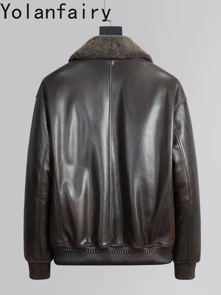 YOLANFAIRY Top Layer Calfskin 100% Genuine Men Leather Jacket Warm Goose Down Liner Wool Collar High Quality Puffer Coats Winter