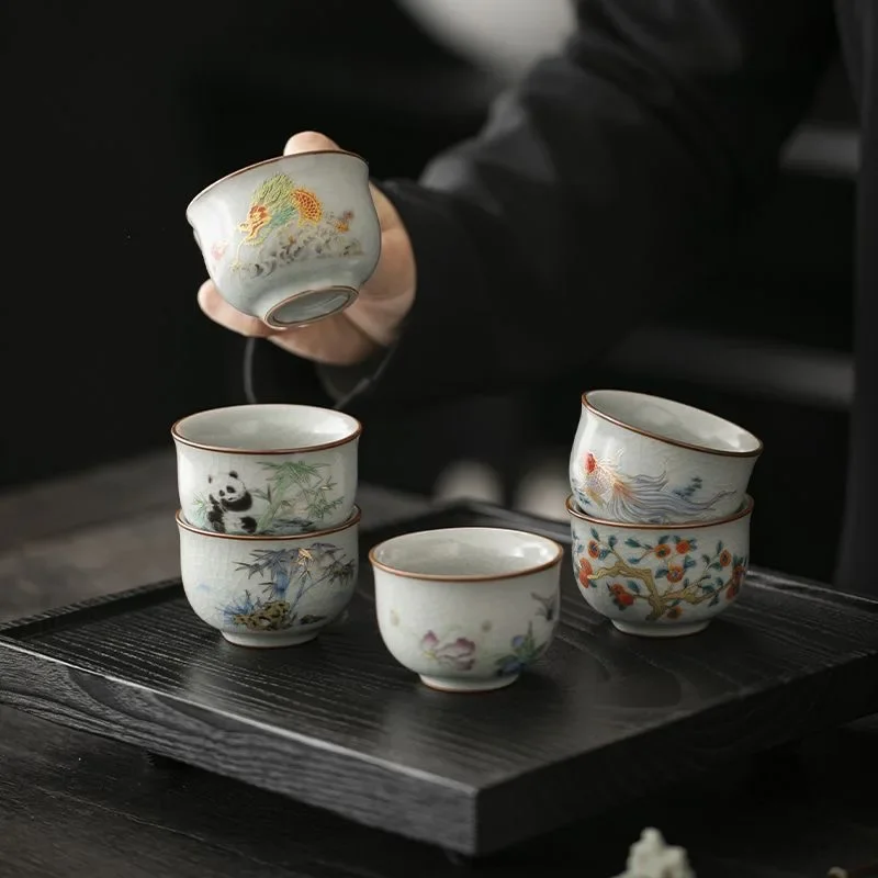 1PC Ru Kiln Teacup Can Be Raised By Opening The Piece TeaCup Household Ru Porcelain KungFu TeaSet Small Tea Bowl Fragrant Teacup
