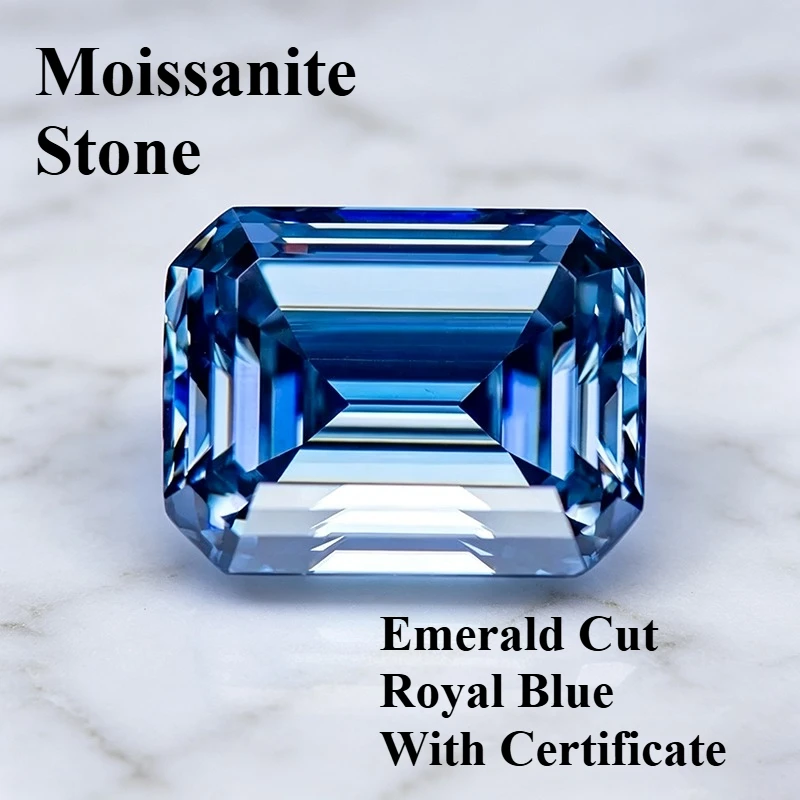 Moissanite Stone Natural Royal Blue Emerald Cut Charms Gemstone for DIY Ring Necklace Earrings Main Materials with Certificate