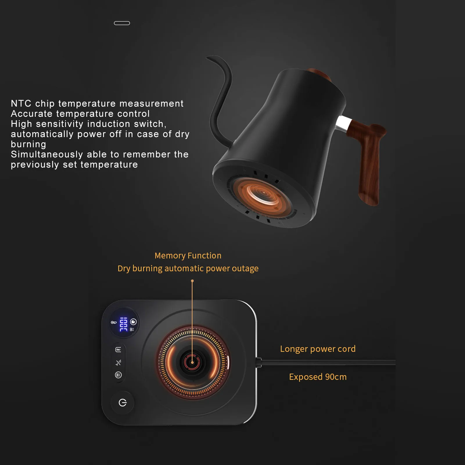 غلاية كهربائية معقوفة 304 من الفولاذ المقاوم للصدأ، إبريق شاي دقيق للتحكم في درجة الحرارة، صب فوق غلاية القهوة مع مؤقت شاشة LCD