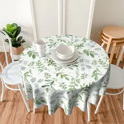 Spring Floral Teal Sage Green Tablecloth Round 60 Inch Watercolor Eucalyptus Leaf Round Table Cloth Wrinkle Resistant Washable