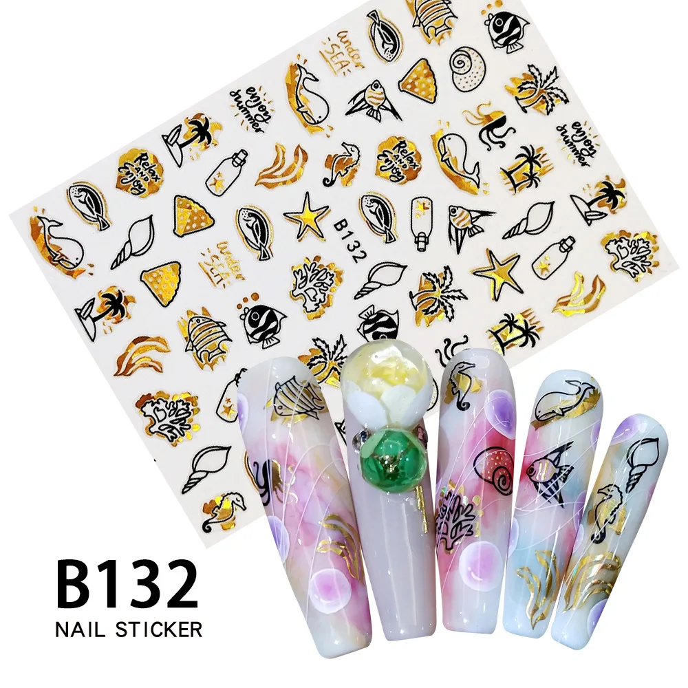 12 Sheets Sea Beach Jellyfish Shell Ocean Tropical Coconut Tree Adhesive Nail Art Stickers Decals Marine Manicure Acessories Tip