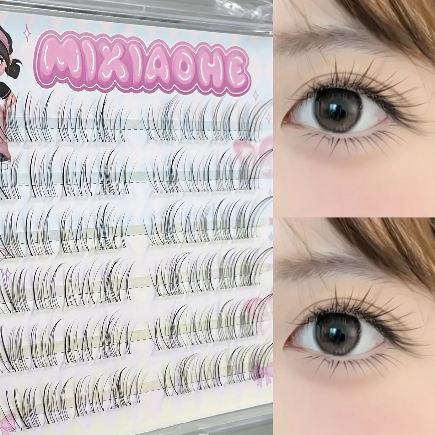 Mixiaohe 48 Clusters Fox Lashes Clear Band D Curl 10-14mm Self-Adhesive Korean Japanese Natural Makeup