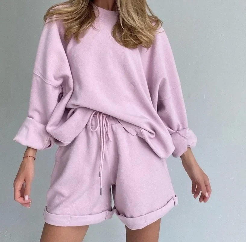 Women Autumn Winter Streetwear Tracksuits New Two-piece Suits Loose Sweatshirt and Soild Sports Shorts Sets 2 Piece Solid Suits