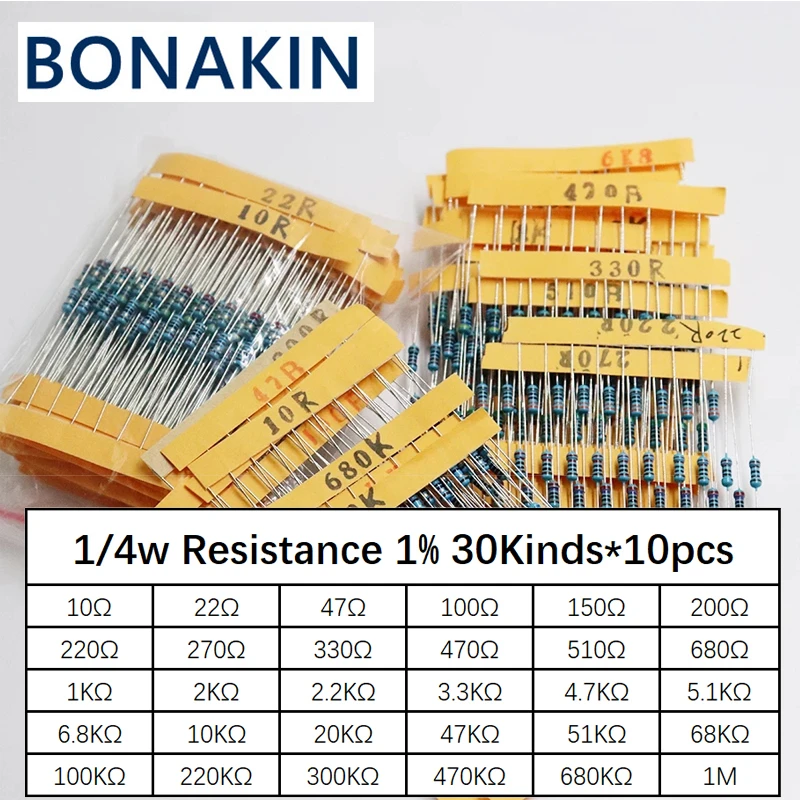 Kit surtido de resistencias de película metálica, juego de resistencias de película metálica 300, resistencia de 1/4w, 30 tipos x 10 piezas = 1% piezas, 300 piezas, 10 -1M Ohm