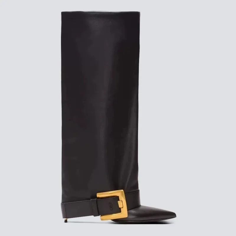 

2026 New Stiletto High Heels Pointed Metal Belt Buckle Long Boots Large Barrel Waist Leg Boots Big Size Knee High Women's Boots