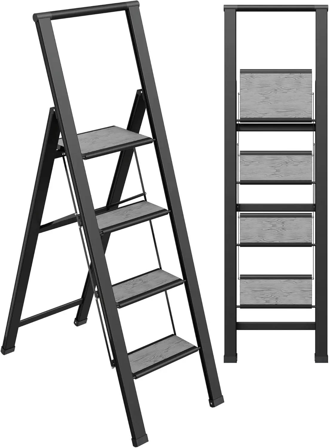 Step Ladder 4 step folding, decorative - Beautiful Gray Wood & Black Aluminum, Ultra Slim Profile, Anti Slip Steps, Sturdy-Porta