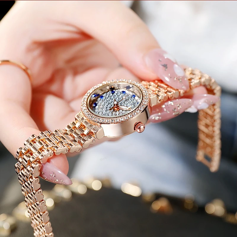 Relógio de quartzo feminino senhora iced out relógios de ouro relógio de luxo relógio de quartzo para mulher relógios dobráveis fivela reloj mujer