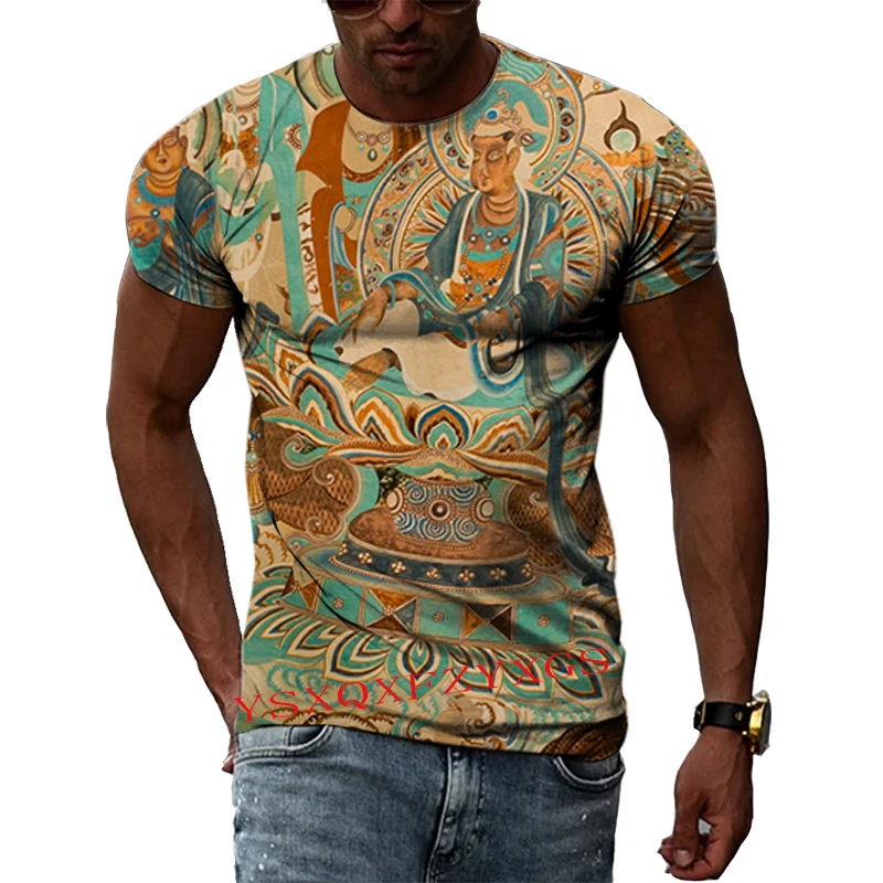 China Dunhuang Mural Art 3D Harajuku Printed Men\'s And Women\'s Summer Short-Sleeved Round Neck Literary Fashion New T-shirt Top