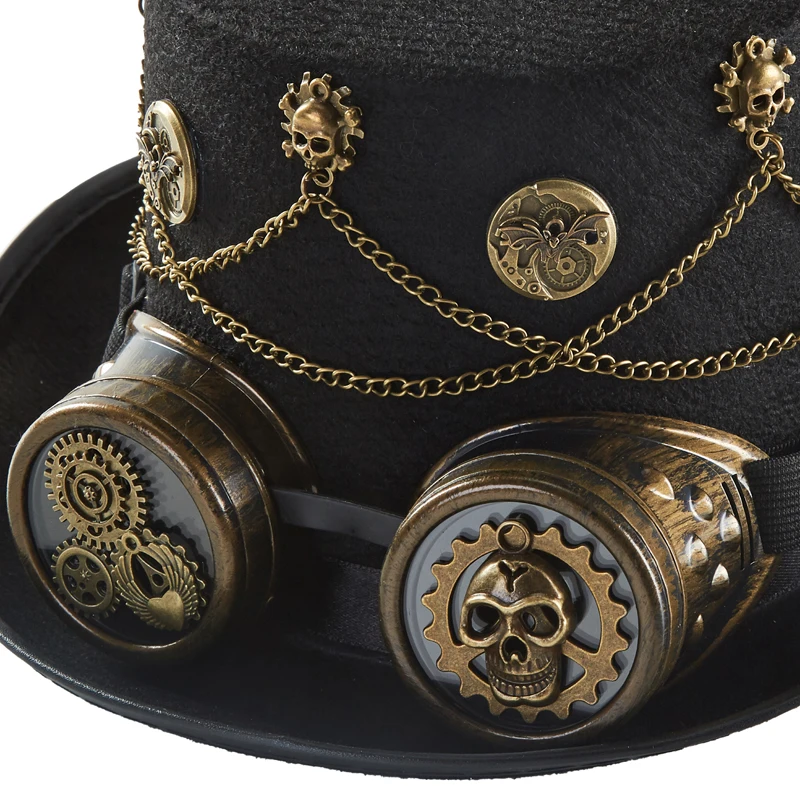 Steampunk Fedora Kapelusz Vintage Retro Zęby Łańcuchy Impreza Cylinder z Goglami Cosplay Halloween Dekoracje Akcesoria do Włosów