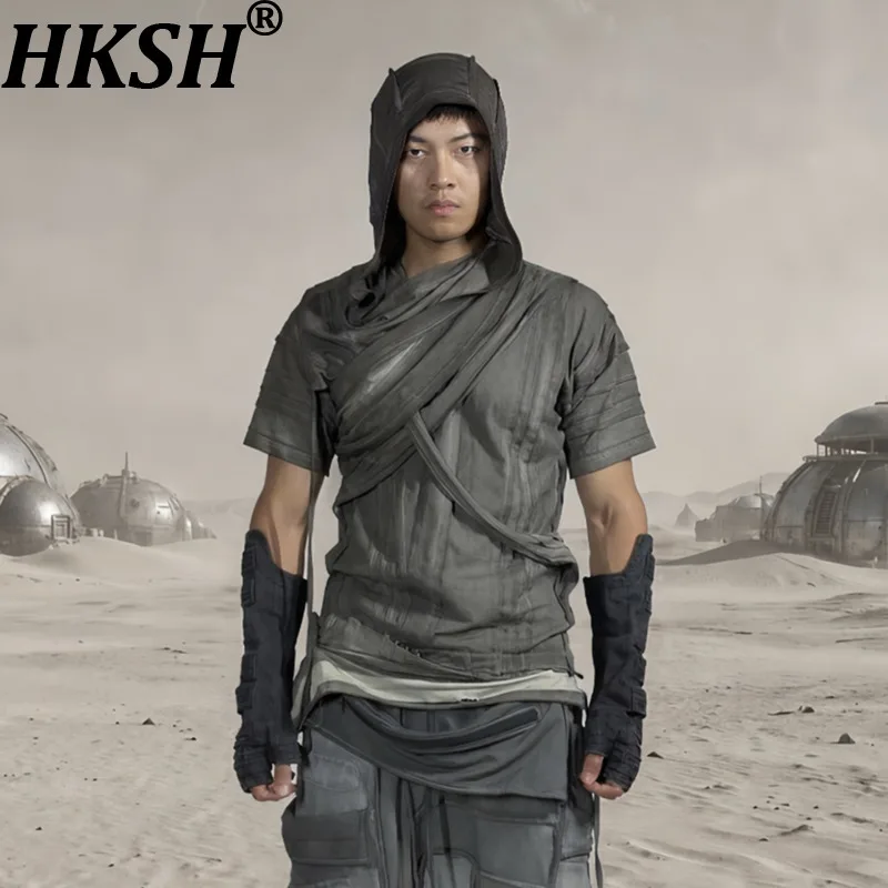 HKSH Summer New Men Tide Dark Waste Land Dyed Pleated Deconstructed Cotton Asymmetrical T-shirt Y2K Retro Patchwork Tees HK27955