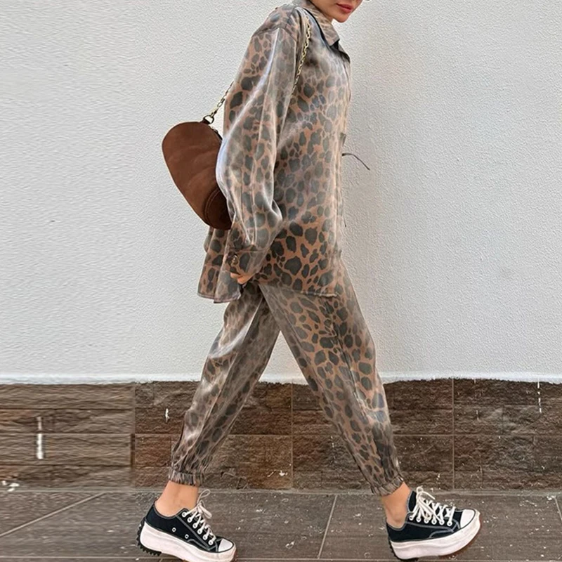 Conjuntos Harajuku Vintage con estampado de leopardo para mujer, camisa con solapa de un solo pecho y pantalones ajustados, conjuntos de abrigo de