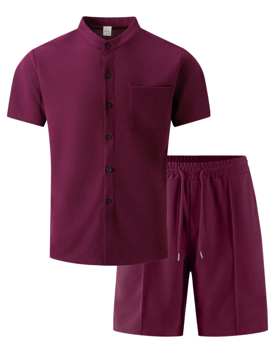 Men's new summer style waffle plain-color crew-neck t-shirt with pocket short-sleeved set with beach shorts men's casual suit