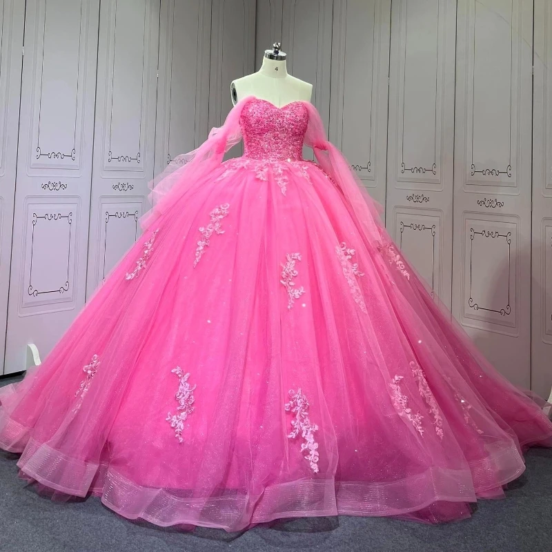 Rose Red Ball Gown Quinceanera Dresses Princess Applique Beads Tull Birthday Prom Party Dress Vestidos De Fiesta Sweet 16 Dress