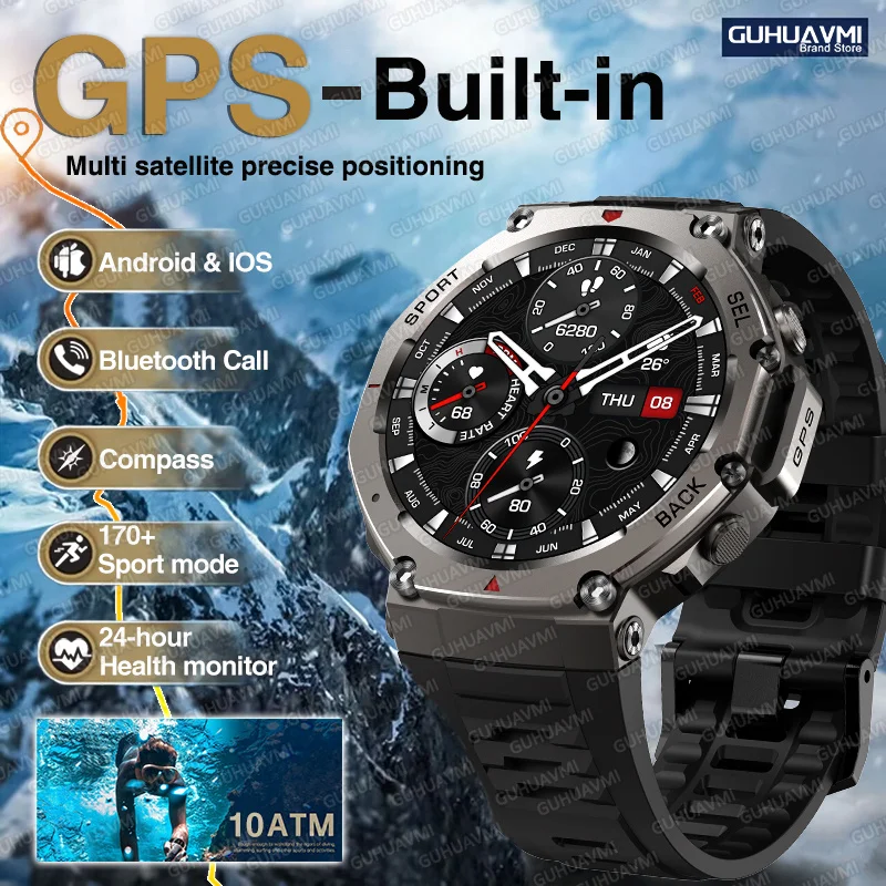 2025New GPS Military Waterproof Smart Watch Men Outdoors Fitness Trackr  Bluetooth call Built-in gps for HUAEWI Sport Smartwatch