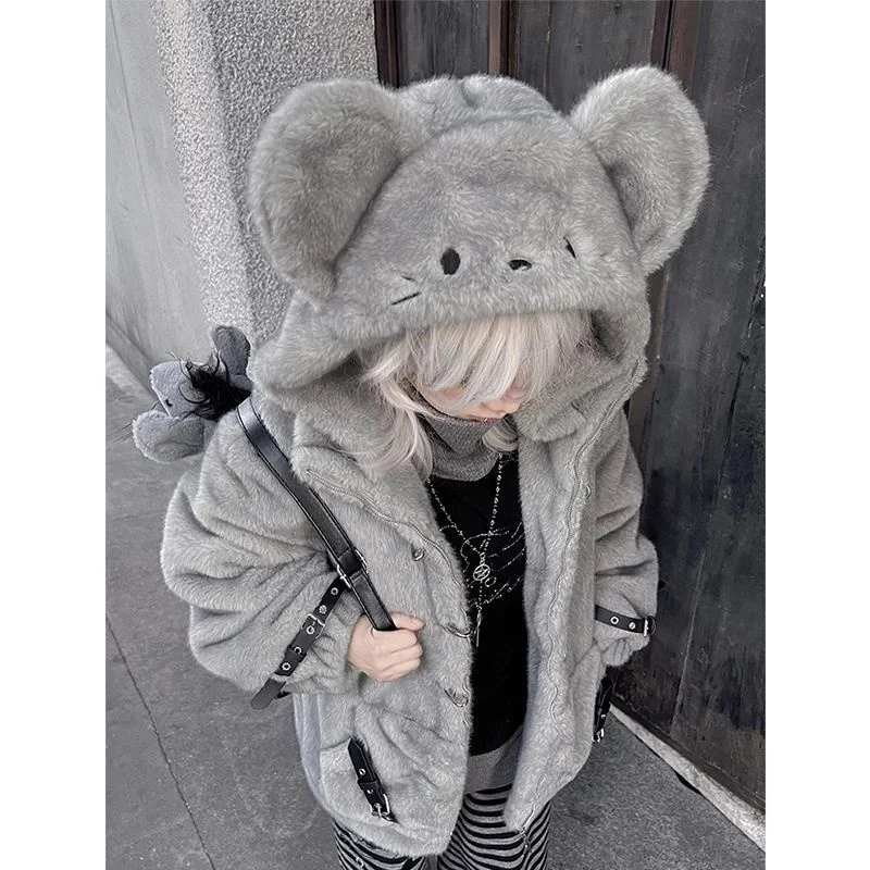 Cute Big-Eared Lamb Wool Coat for Women Winter Clothes New Fashion Loose Sweet Cool Fluffy Fleece Thickened Warm Cotton Jacket