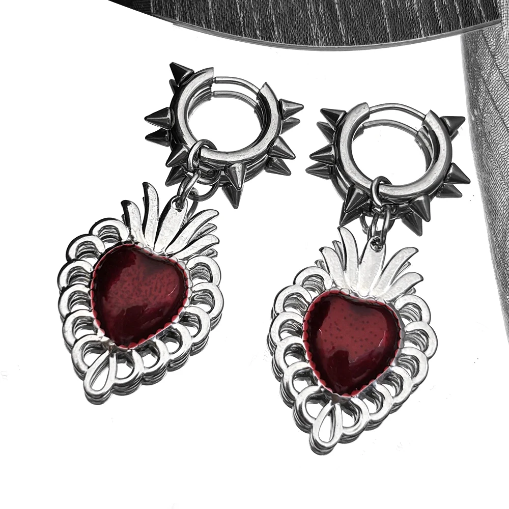 

Punk Red Enamel Hollow Sacred Heart of Jesus Drop Earrings for Women Men Stainless Steel Silver Color Catholic Earring Jewelry