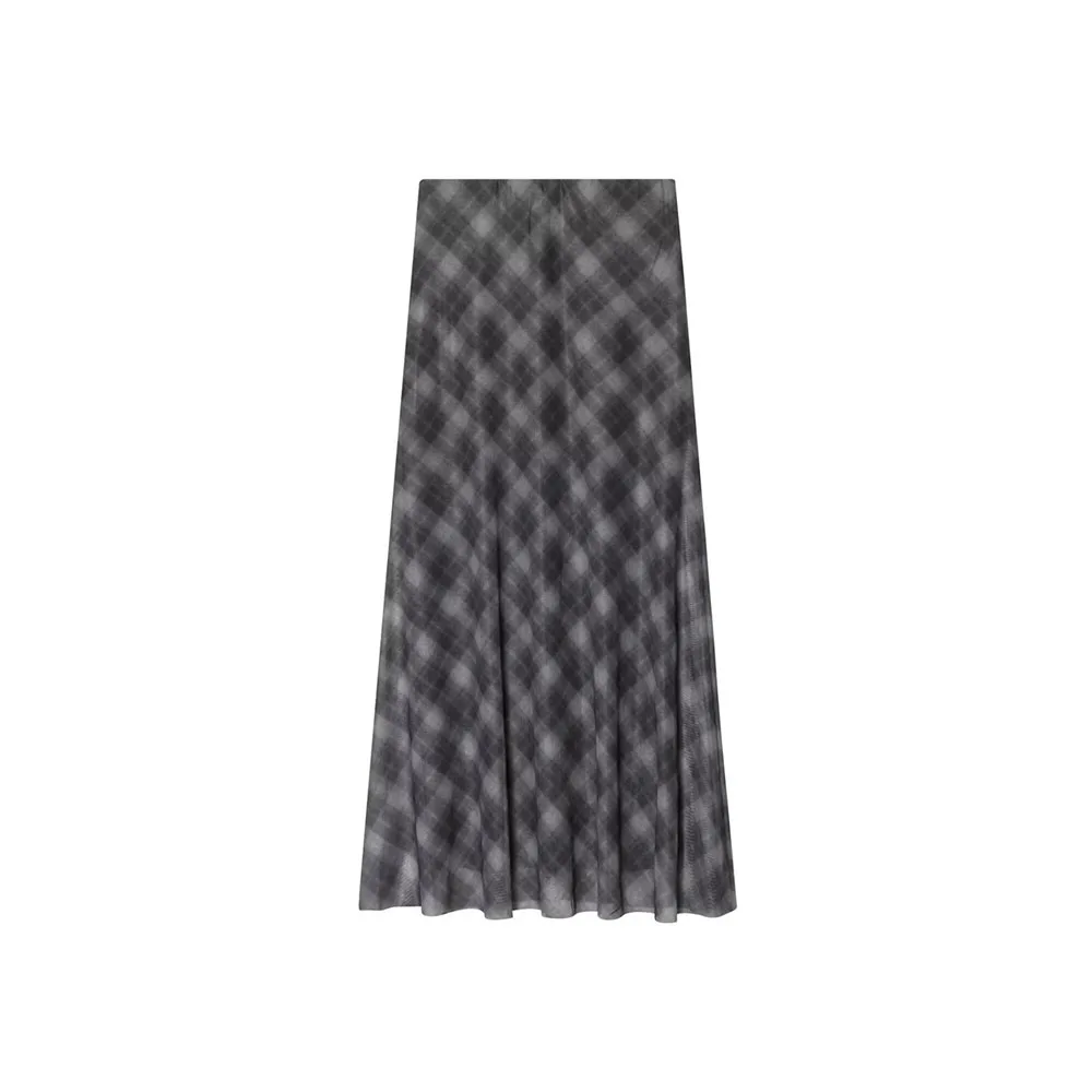 

Autumn new women's casual versatile elastic waist plaid long skirt with silk mesh high waist skirt