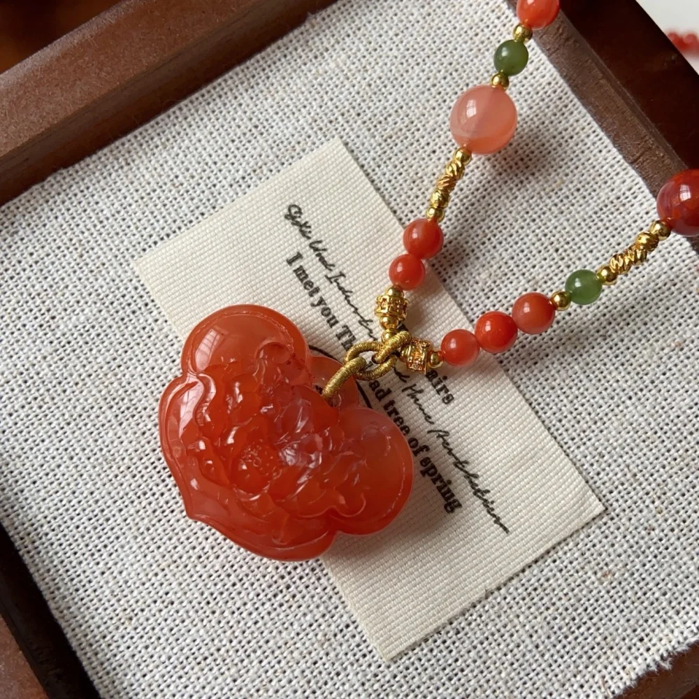 Natural Red Nanhong Agate Lucky Green Jade Necklace String Charms Handmade Fortune Energy Mineral Woman Amulet Jewelry Gift 1PCS