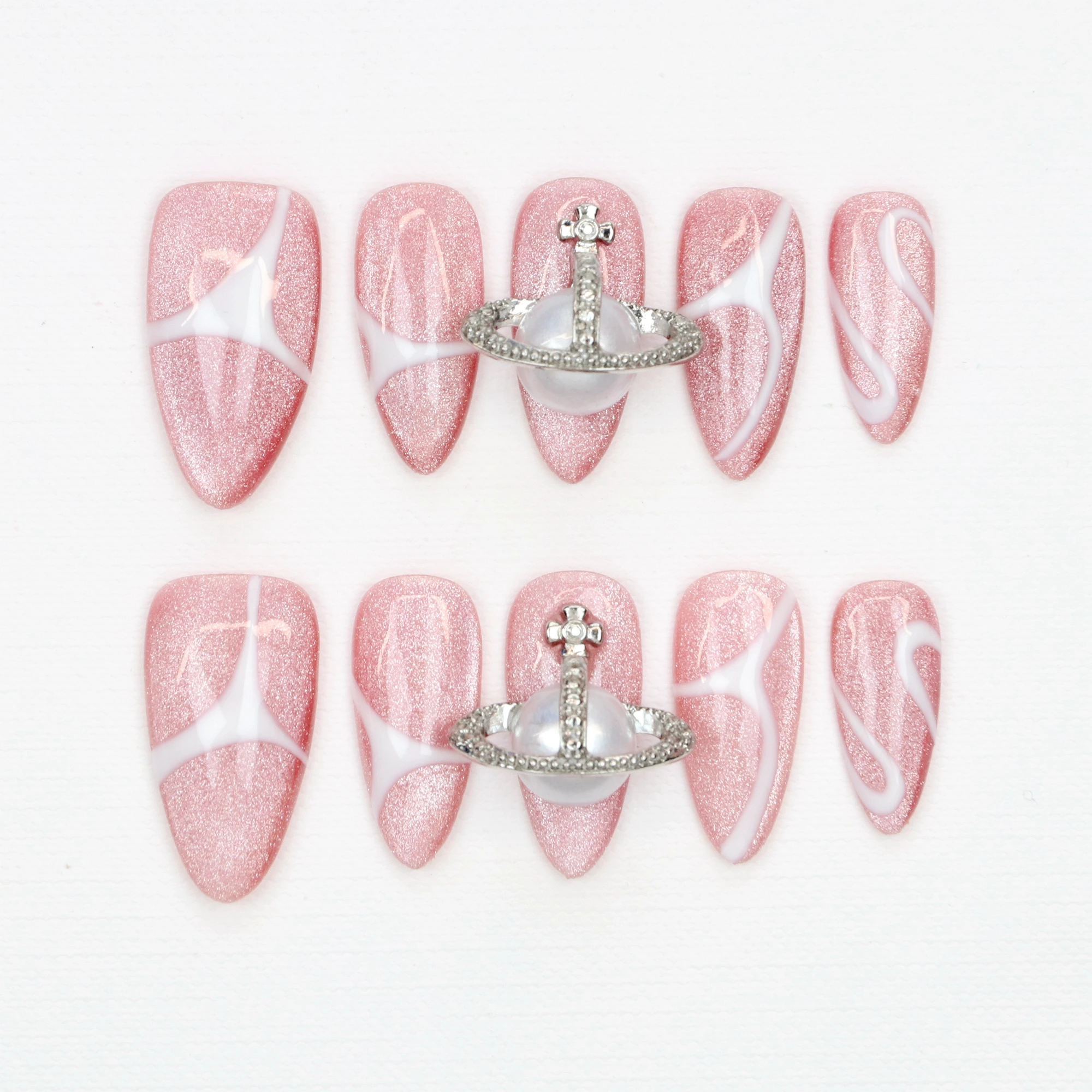 10 قطعة مانيكير مخصص مرسومة يدويًا أظافر اللوز المتوسطة فريدة من نوعها ثلاثية الأبعاد نمط وردي اضغط على تصميم الأظافر مع مجموعة مبرد أظافر لاصق