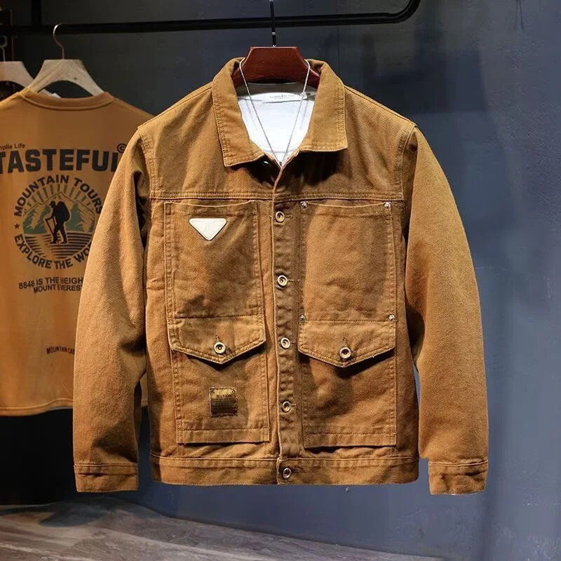 Autumn and Spring New Fashion Solid Color American Vintage Workwear Denim Jacket Men's Casual Loose Sports High-grade Outerwear