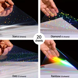 20 Sheets Holographic PVC Sticker Paper, A4 Mixed Patterns (Rainbow, Broken Glass, Stars, Dots), Self-Adhesive Cold Lamination