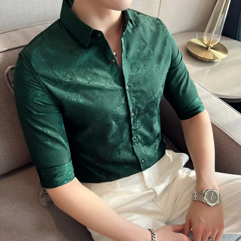 

Blackish Green Luxury Silk Dress Shirts For Mens Retro Elegant Shirts England Gentleman Social Blouse Party Slim Fit Clothing