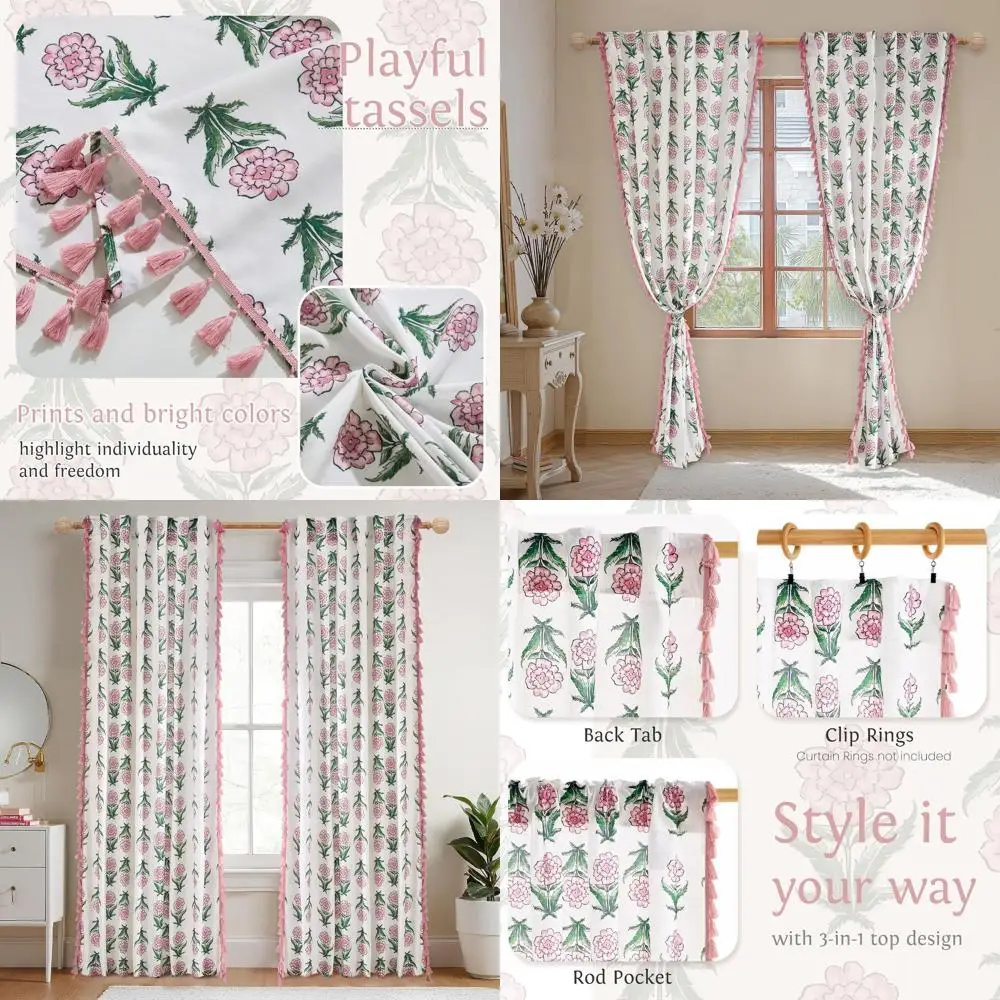 

Плотные и прочные шторы из льняной смеси, вертикальные панели в богемном стиле с кистями, розовые, 52x84, комплект из 2 штук