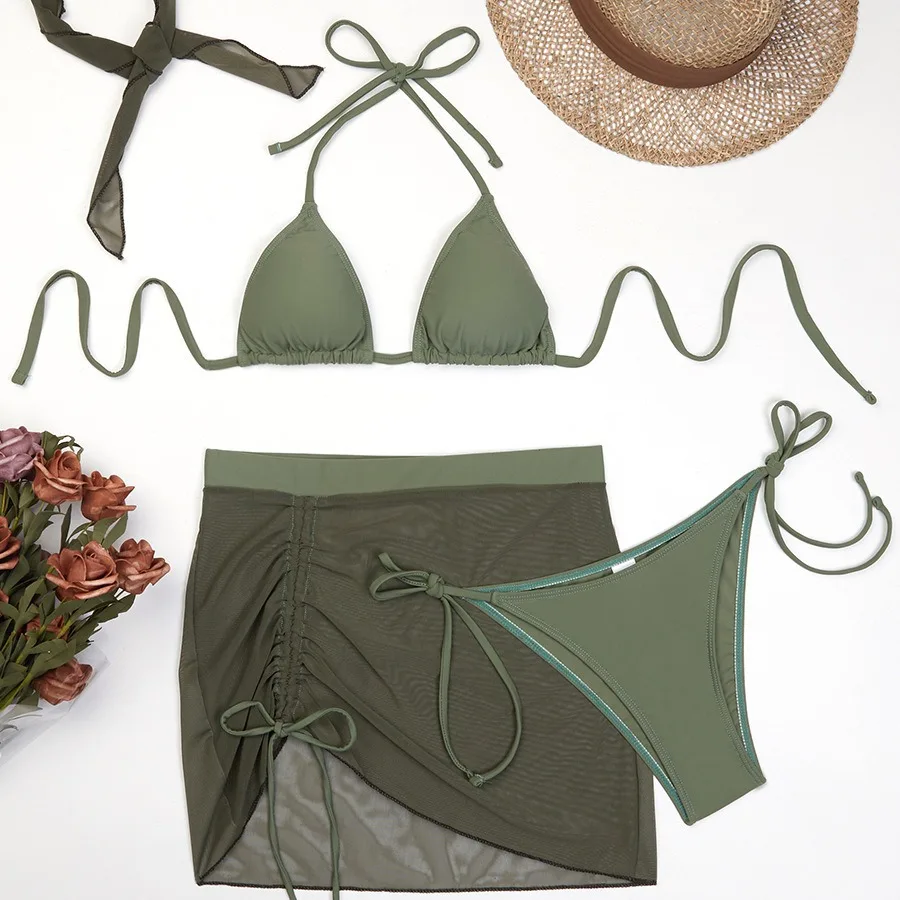 2025 Summer New Fashion Strap Mesh Women Split Swimsuit Simple Solid Color Female Bikini Four Piece Sets