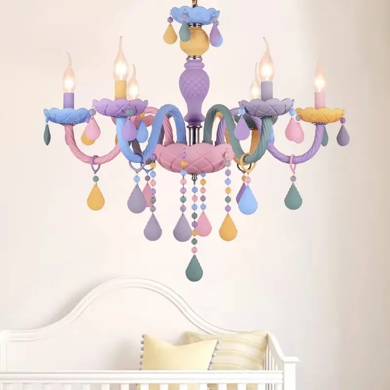 

Denmark Macaron Colorful Crystal Chandelier Cartoon Candle Children's Room Home Improvement Cafe LED Lamps