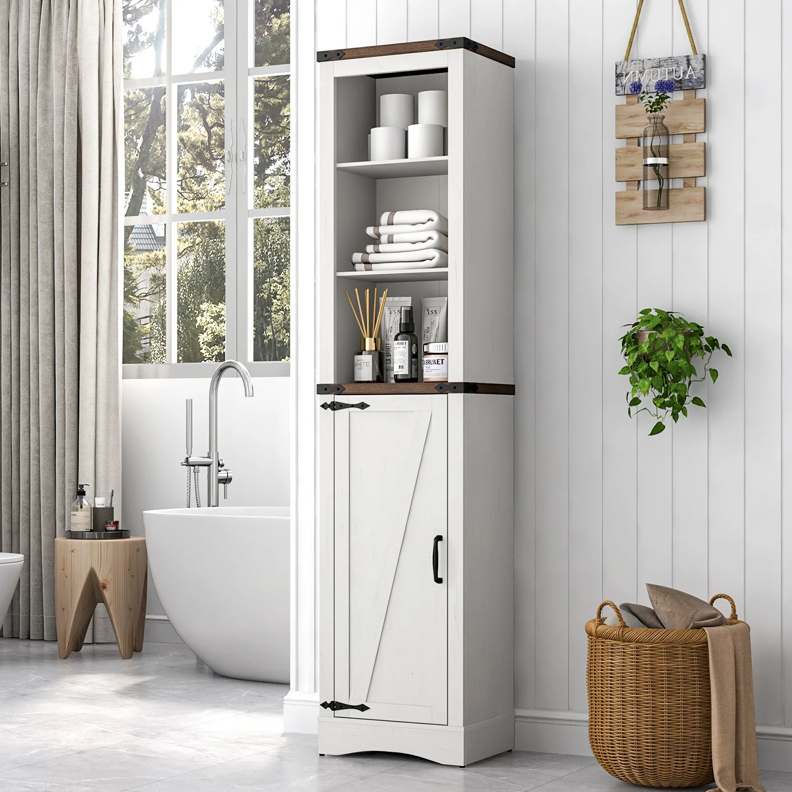 

Farmhouse Corner Cabinet 5-Tier Tall Storage Cabinet with Barn Doors & Adjustable Shelves Corner Storage Cabinet White/ Brown