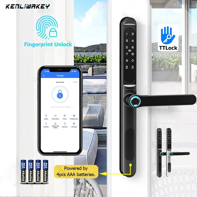 

Fingerprint Door Locks Waterproof Ttlock Bluetooth APP Digital Password Biometric Smart Lock for Outdoor Aluminum Sliding Door