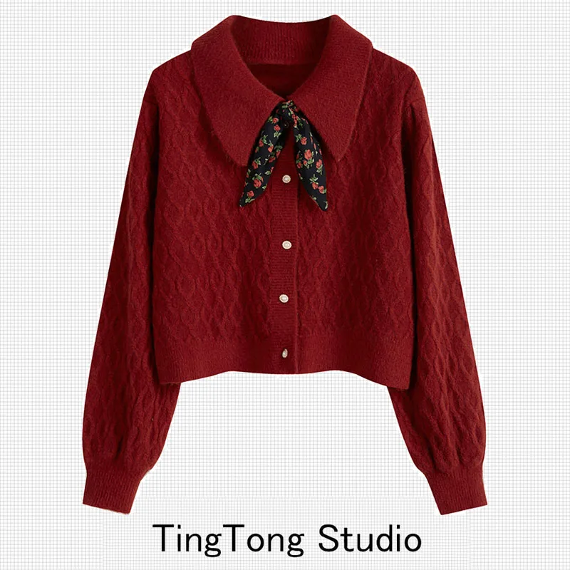 

Red Knitted Sweater Coat for Women Vintage Doll Collar Scarf Tie Outerwear Autumn Winter Long Sve Button up Color