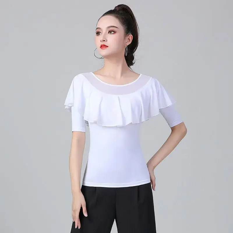 Women waltz white top Ruffled Latin Dance Mid-Sleeve Shirt New modern dance practice clothes Lady Samba dance clothing