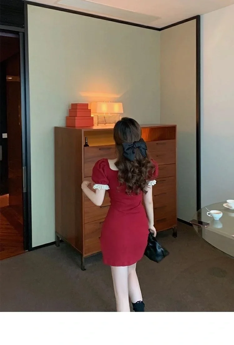 

Summer Short-Sleeved Dress Lace Waist-slimming Short Dress Sweet And Spicy Square Neck Solid Casual Party Club Dress For Women