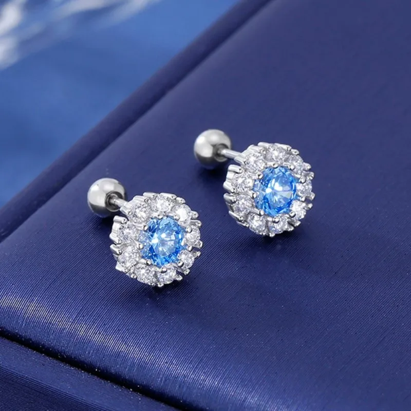 ENSHIR Sparkling Blue Zircon Round Stud Earrings For Women Elegant Simple Jewelry Wholesale