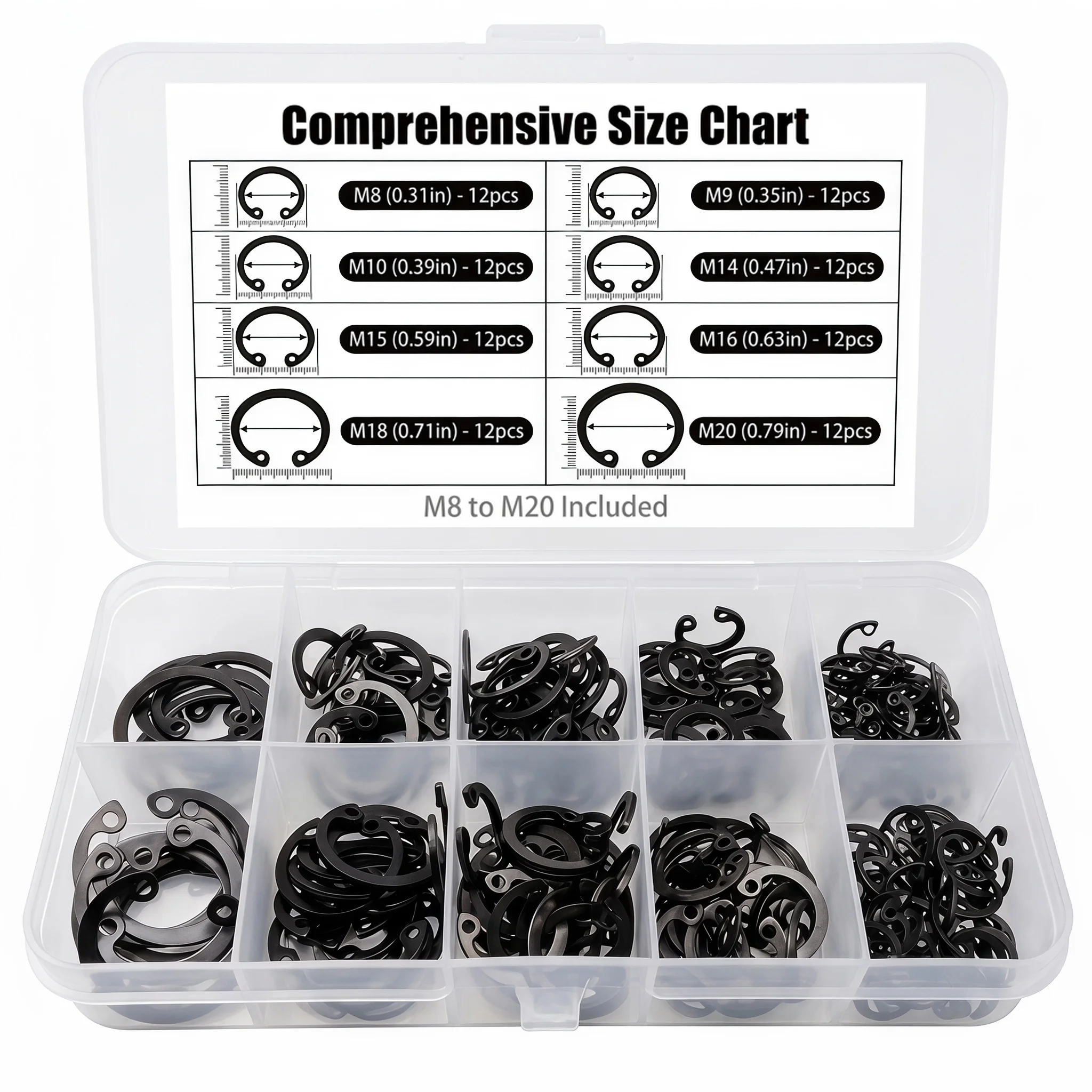 120pcs C Type Internal Circlip Hole Clip Snap Ring Mix M8 M9 M10 M12 M13M14M15M16M18M20 Kit Set Black 65mn Steel Shaft Retaining