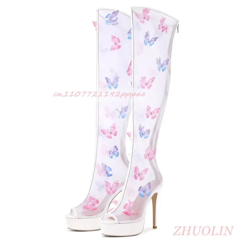 

Women'S Colorful Butterfly Mesh Open Toe Sandals Boots Stiletto Heels Zipper Over-The-Knee Boots Summer Sweet Wedding High Heels