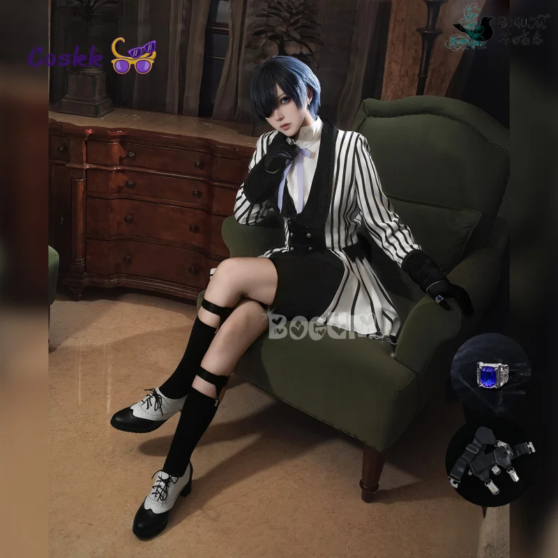 

Black Butler Ciel Phantomhive Cosplay Costume Wig Black and White Striped Suit Halloween Carnival Christmas Party Clothes New