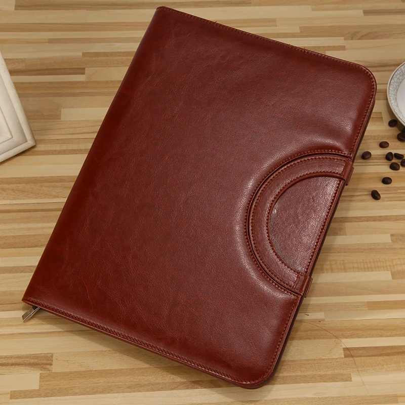 black brown business zipper PU leather portfolio a4 documents folder cases manager bag Tablet PC mobile padfolio binder
