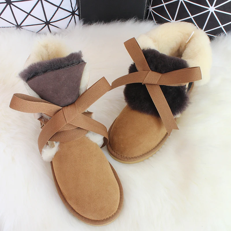 G&Zaco Luxury Sheepskin Snow Boots Women Genuine Leather Short Sweet Strap Boots Winter Wool Sheep Fur Boots Girl Winter Shoes