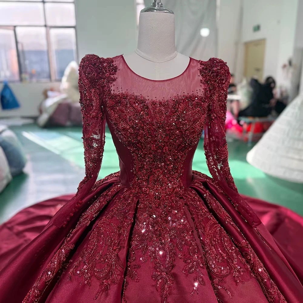 Vestido de noche para mujer, manga larga, cuello redondo, con cordones, ojo de cerradura en la espalda, bordado de cristal, vestidos largos rojos con cuentas para ocasiones especiales