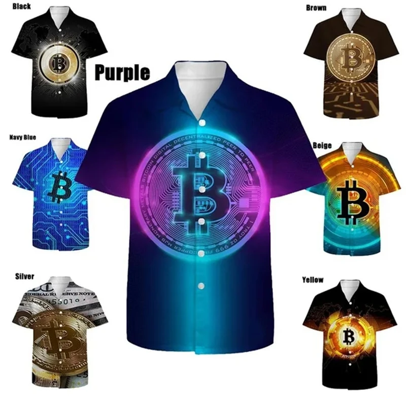 

New Fashion Men's Bitcoin 3d Printed Summer Short-sleeved Shirt Hawaiian Beach Button Lapel Tops Streetwear Breathable Shirts